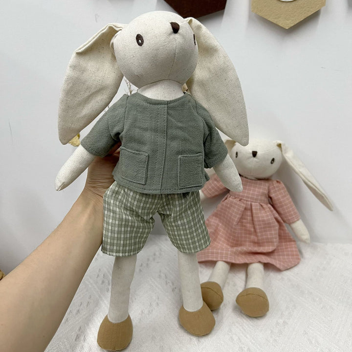 Handmade Linen Bunny Soft Cloth Doll with Embroidered Overalls
