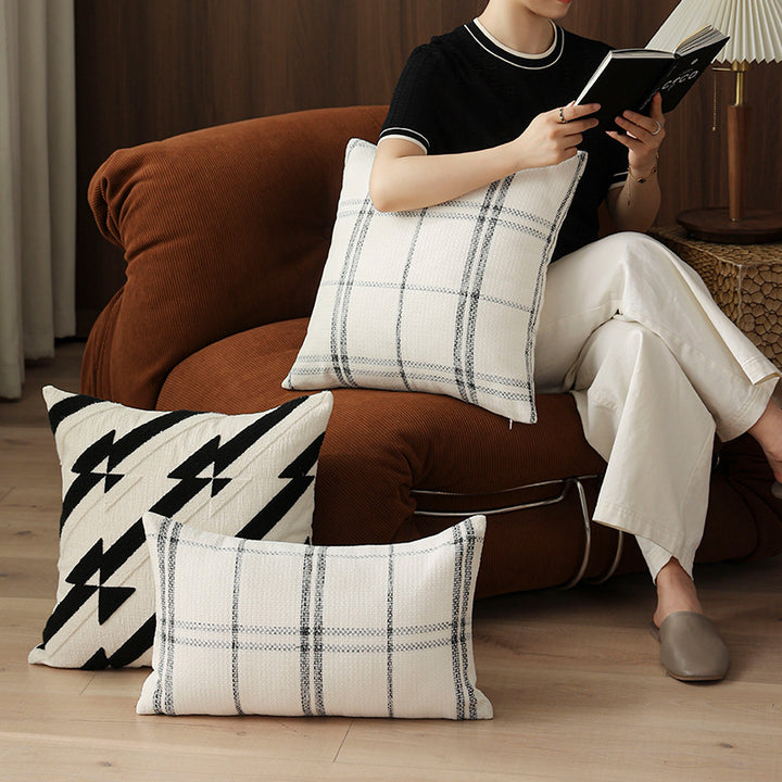 Rectangular woven cushion cover with checkered texture pattern and concealed zipper Stornfield