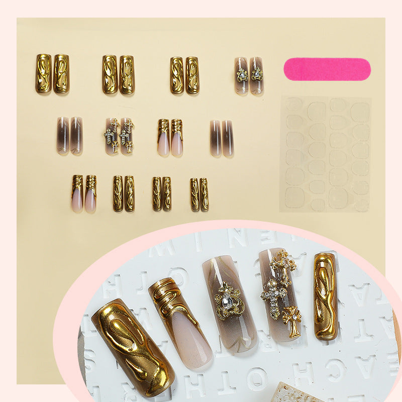 Decorative Press-On Nail Set with Gold Accents Stornfield