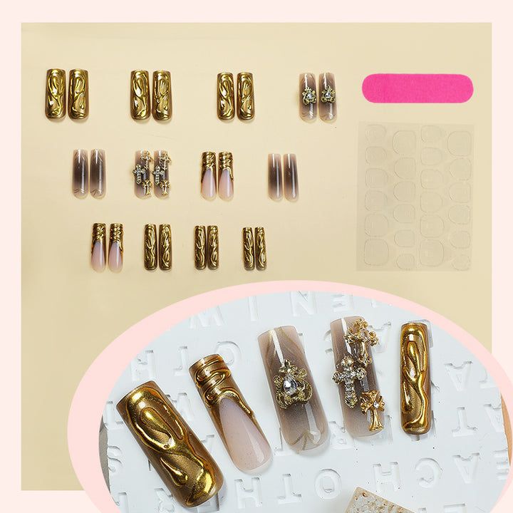 Decorative Press-On Nail Set with Gold Accents Stornfield