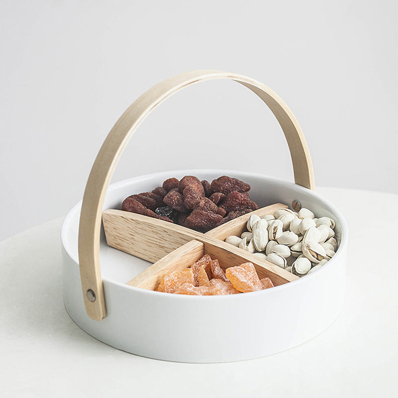 Round serving and storage set with bamboo handle and three-part interior divider