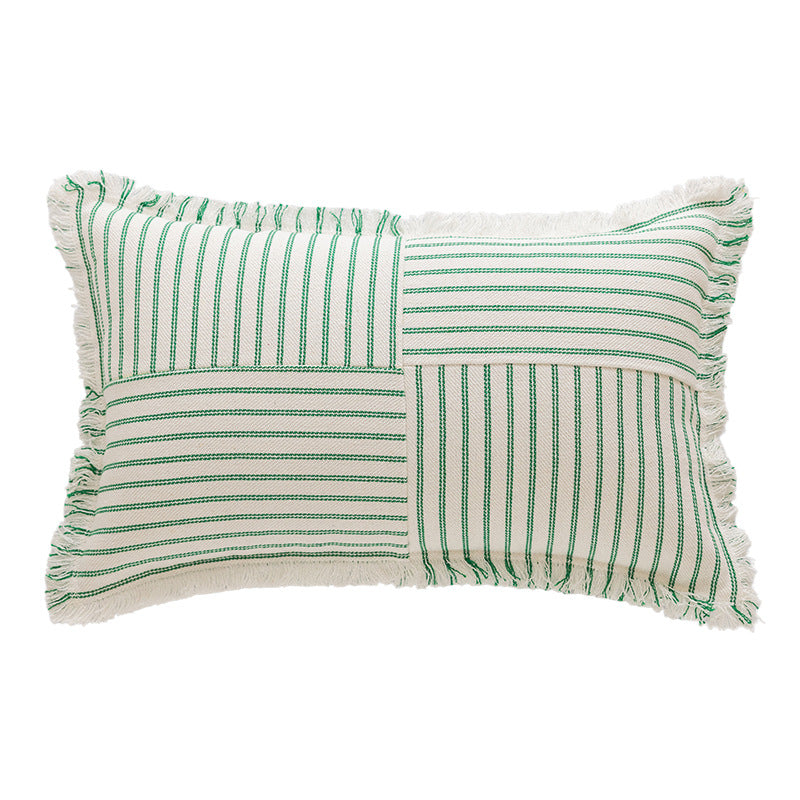 Decorative Rectangular Striped Patchwork Throw Pillow with Fringed Edges