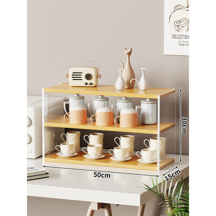 Compact Multi-Level Countertop Cup and Mug Display Shelf with Bamboo Shelves and Transparent Sides