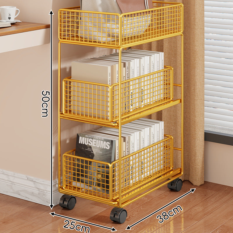 Compact Two-Tier Rolling Metal Mesh Storage Trolley with Locking Swivel Casters
