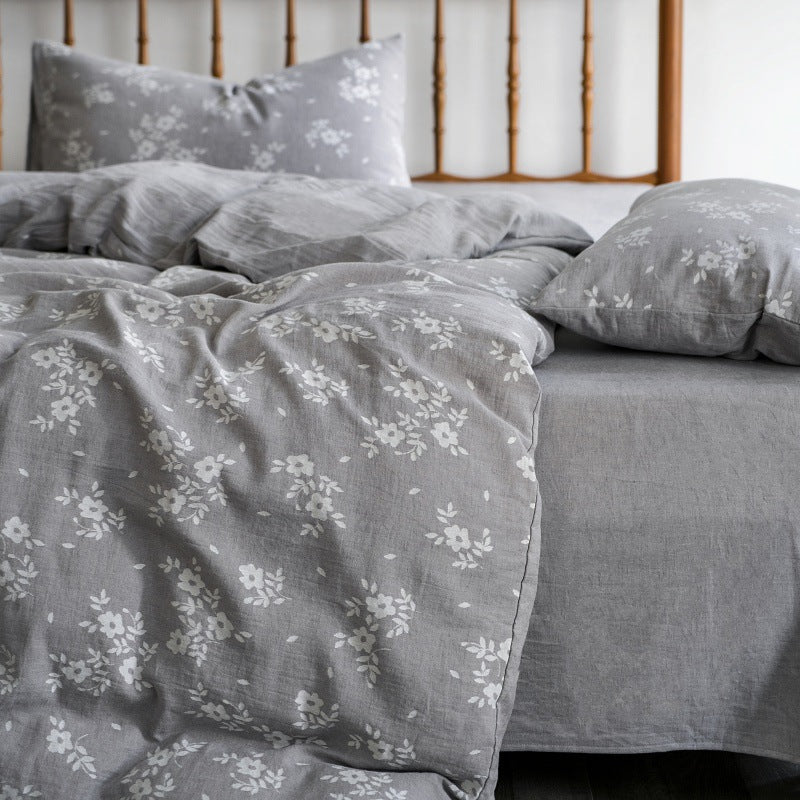 Bedding set in linen look with floral all-over print and fitted sheet