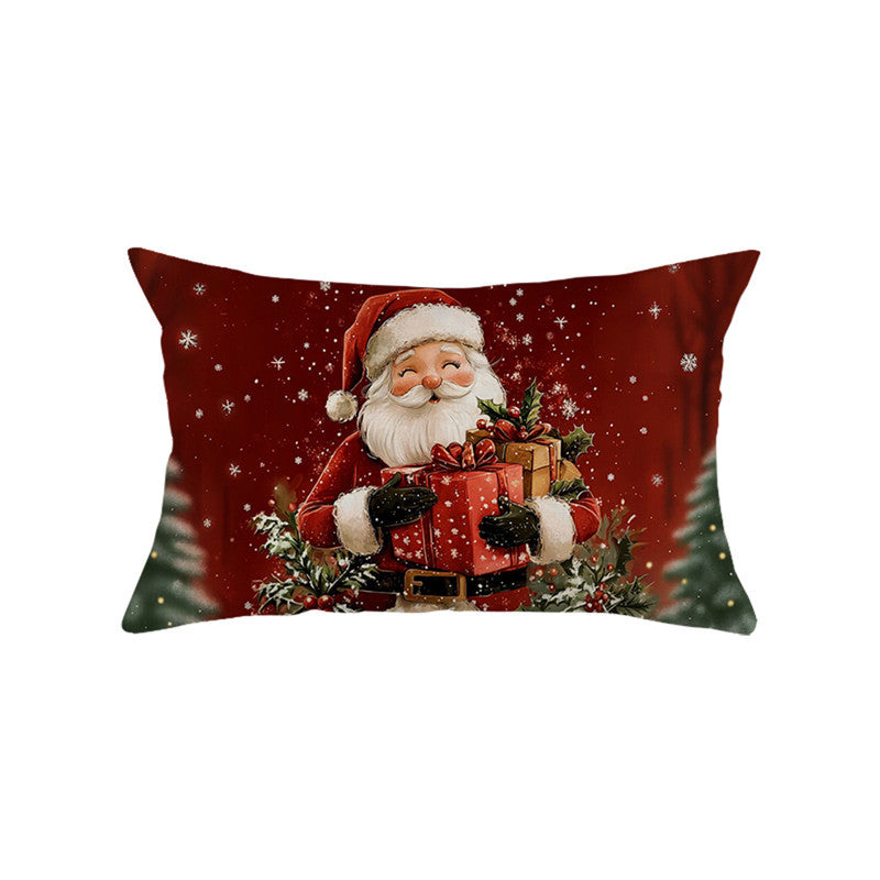 Festive Cotton-Linen Christmas Decorative Rectangular Pillow Cover with Santa Illustration and Hidden Zipper