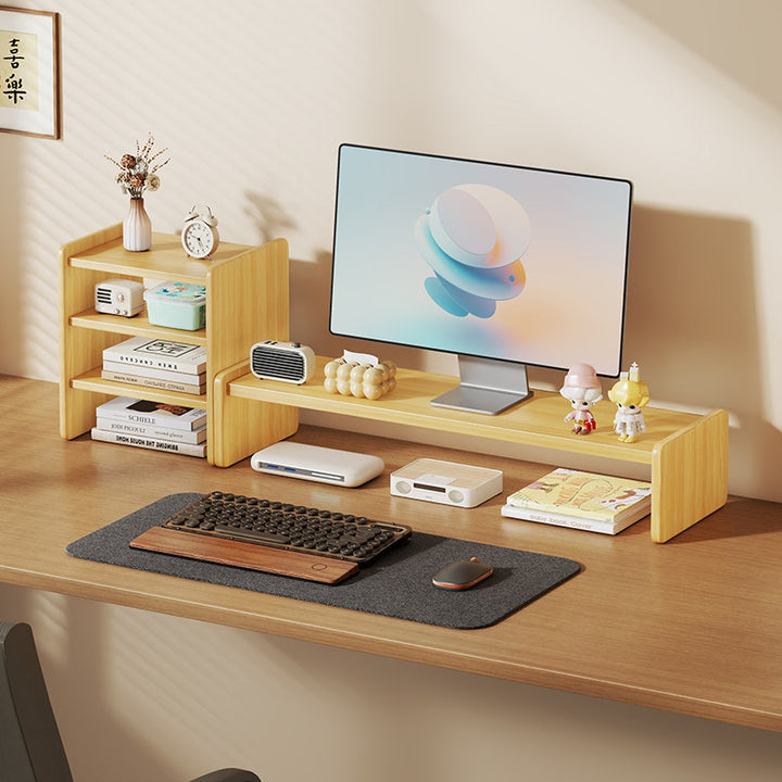 Solid Wood Monitor Riser and Desk Organizer with Dual-Level Shelf and Cable Management