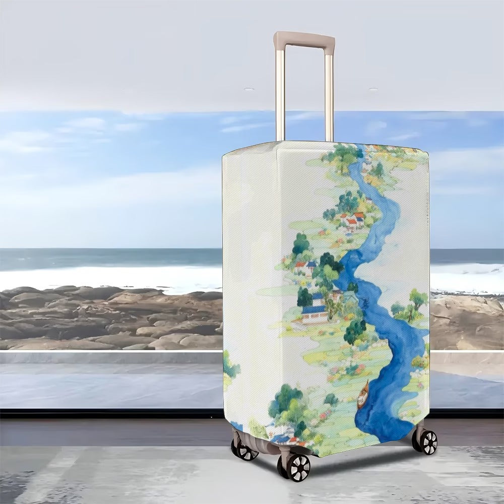 Unisex nan elastic suitcase cover with detailed river and village illustration print, tear-resistant stretch protection for hard shell and fabric trolley Stornfield