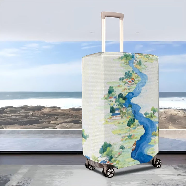 Unisex nan elastic suitcase cover with detailed river and village illustration print, tear-resistant stretch protection for hard shell and fabric trolley Stornfield