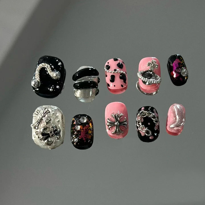 Artistic Press-On Nail Art Set with Unique 3D Accents