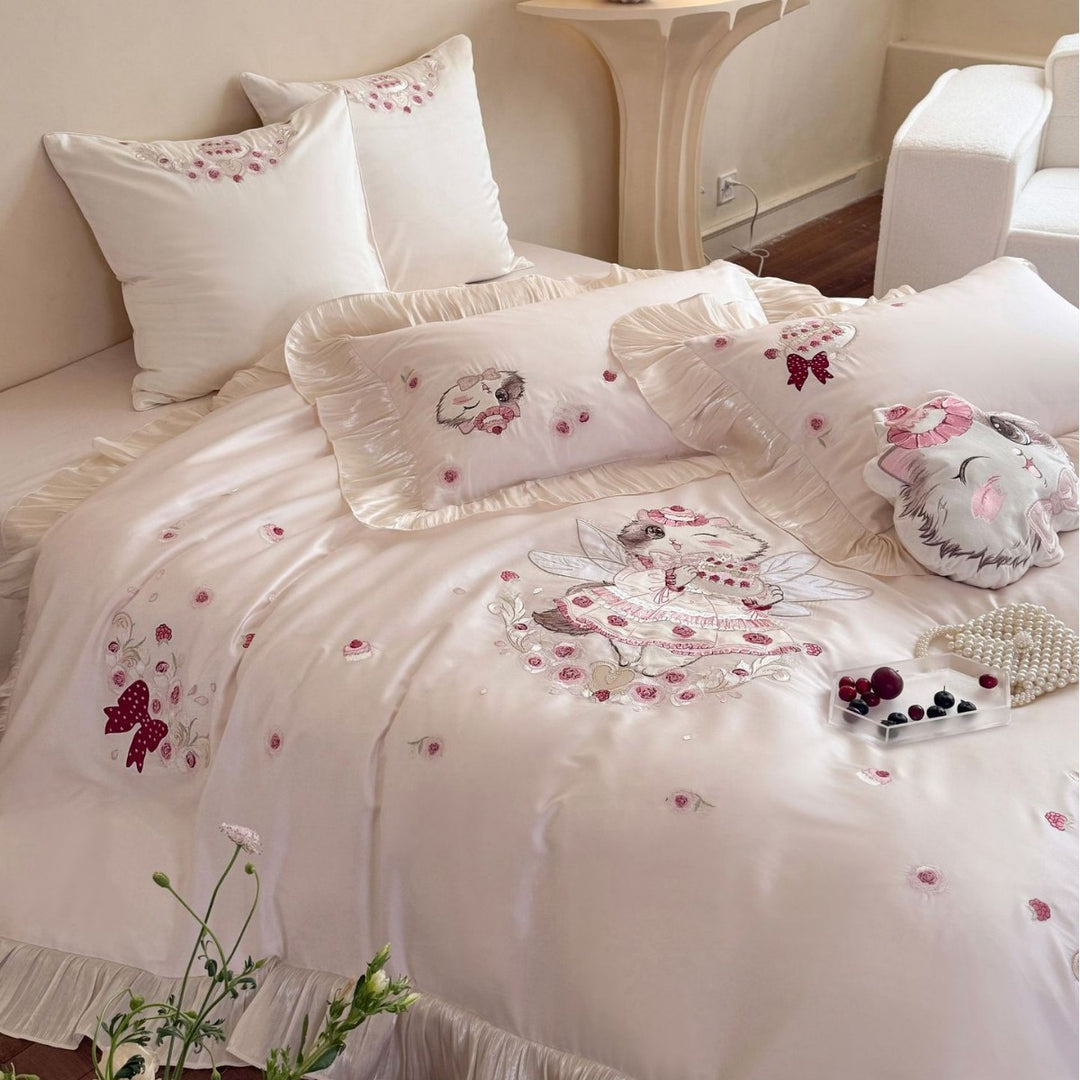 Embroidered Whimsical Cat Fairy Cotton Sateen Ruffled Duvet Cover Set with Decorative Shams and Plush Accent Pillow
