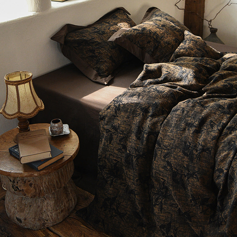 Luxury Breathable Linen Duvet Cover Set with Botanical Jacquard Texture