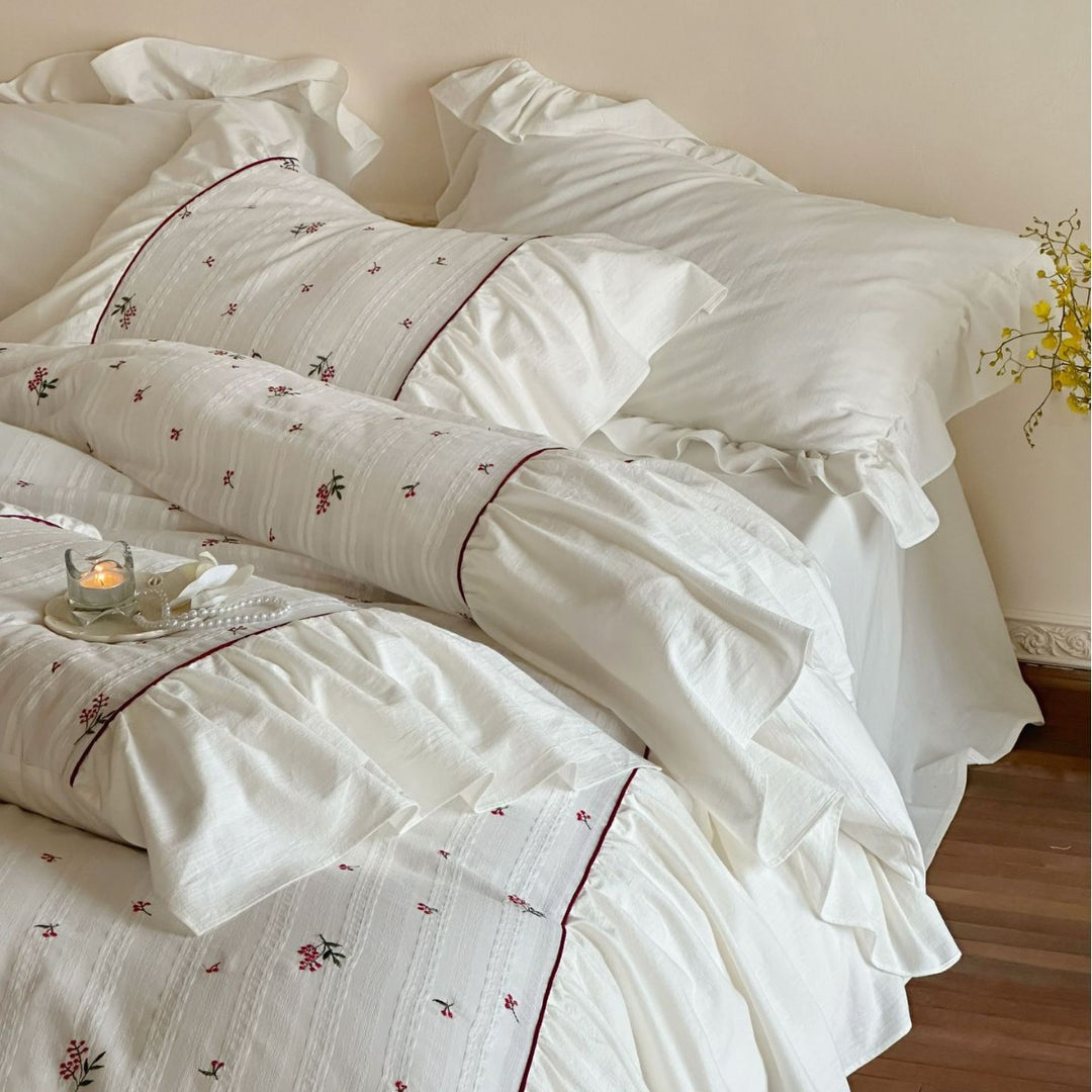 Vintage-Inspired Floral Embroidered Cotton Duvet Cover Set with Ruffled Shams and Piped Trim