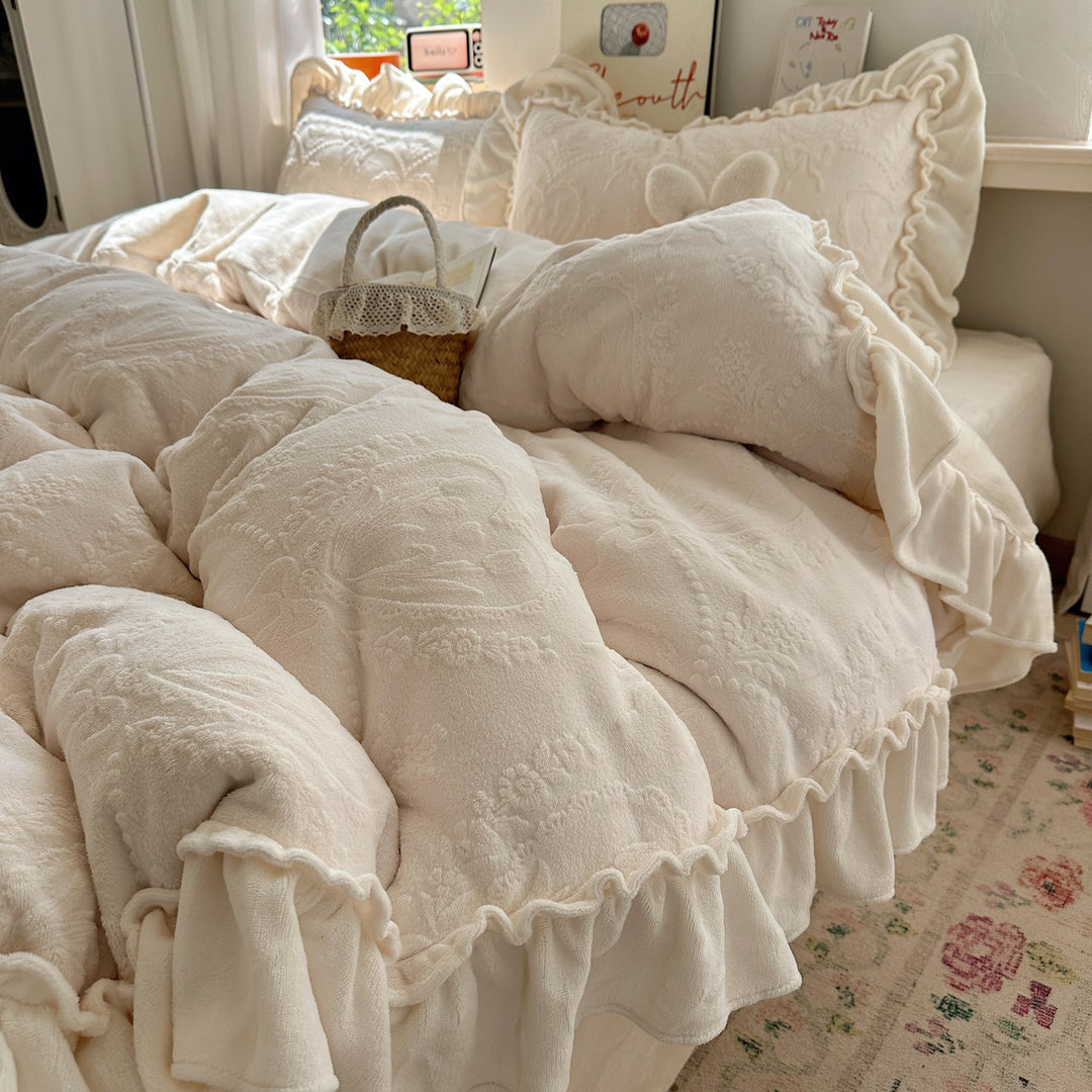 Plush Ruffled Embossed Velvet Comforter Set with Layered Frill Shams