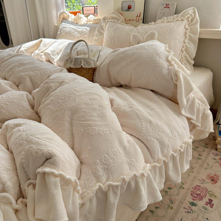 Plush Ruffled Embossed Velvet Comforter Set with Layered Frill Shams