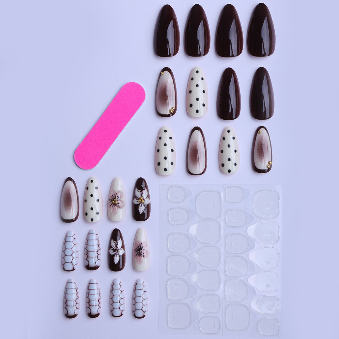 Designer artificial nails with floral and geometric accents Stornfield