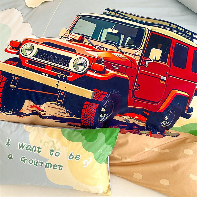 Children's bedding set with off-road jeep adventure illustration and soft cotton mix