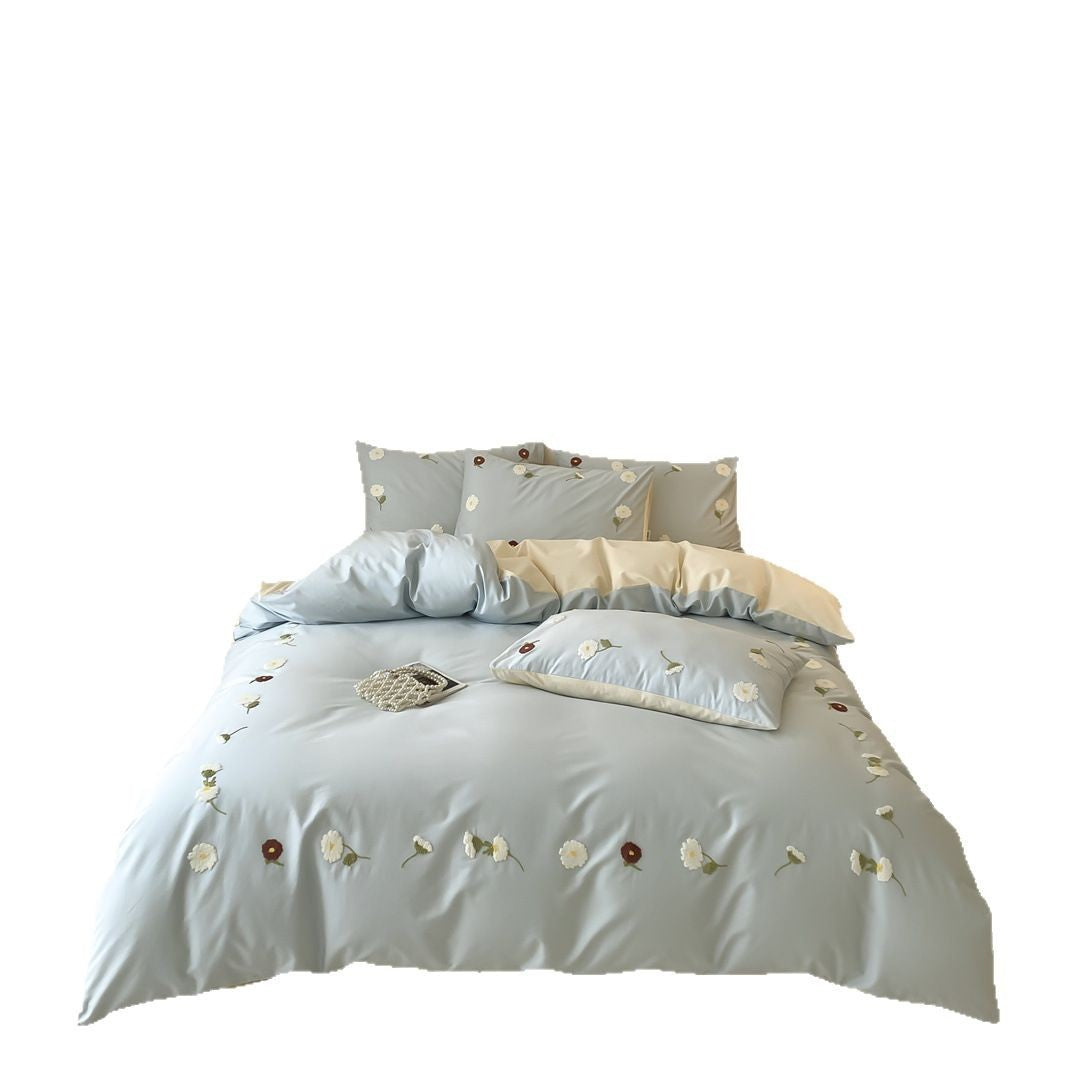 Embroidered Floral Cotton-Sateen Duvet Cover Ensemble with Reversible Satin Back & Oxford Shams