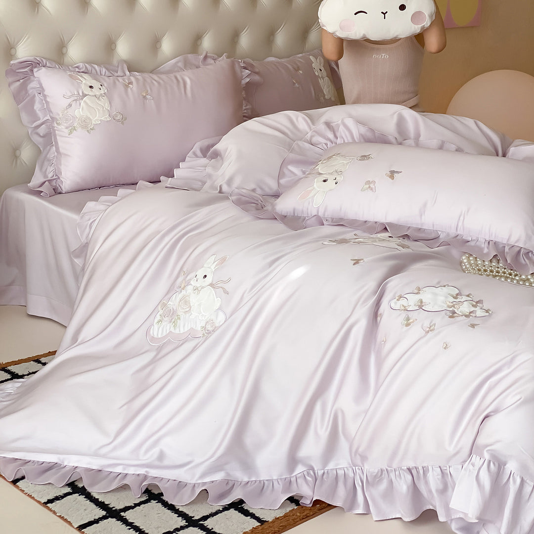 Silky Embroidered Bunny Satin Duvet Cover Set with Ruffled Hem & Oxford Shams