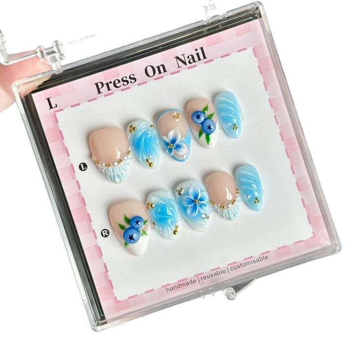 Artistic Floral Press-On Nail Set with Blue Accents