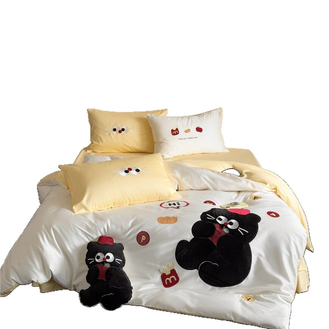 Cartoon Appliqué Plush Cat Duvet Cover Set with Micro‑Sateen Reversible Back & Pillow Shams