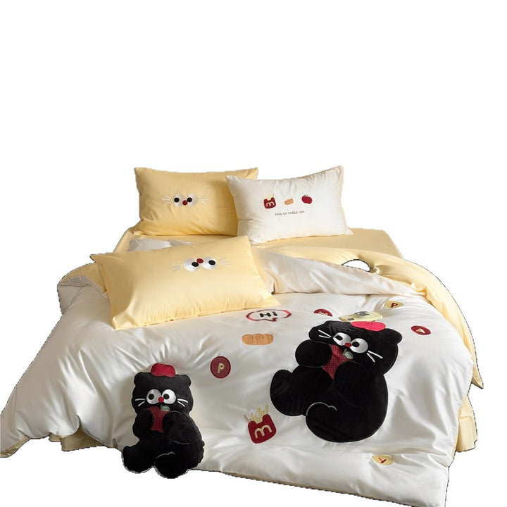 Cartoon Appliqué Plush Cat Duvet Cover Set with Micro‑Sateen Reversible Back & Pillow Shams