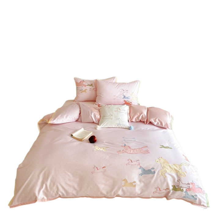 Luxurious cotton satin bedding set with unicorn embroidery