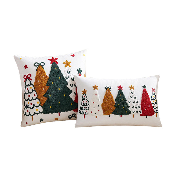 Festive Embroidered Christmas Throw Pillow Cover with Tufted Tree Appliqué