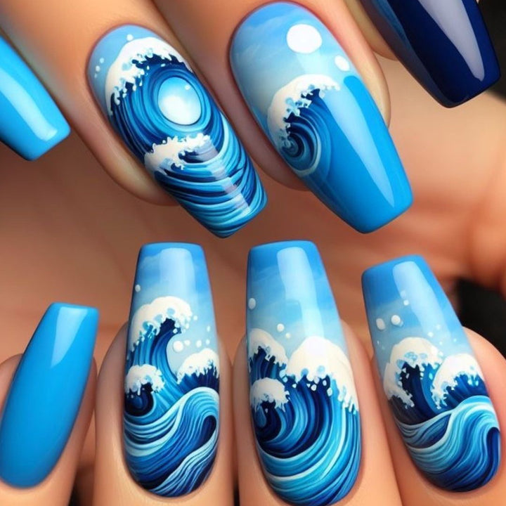 Artificial Nail Set with Maritime Wave Designs Stornfield