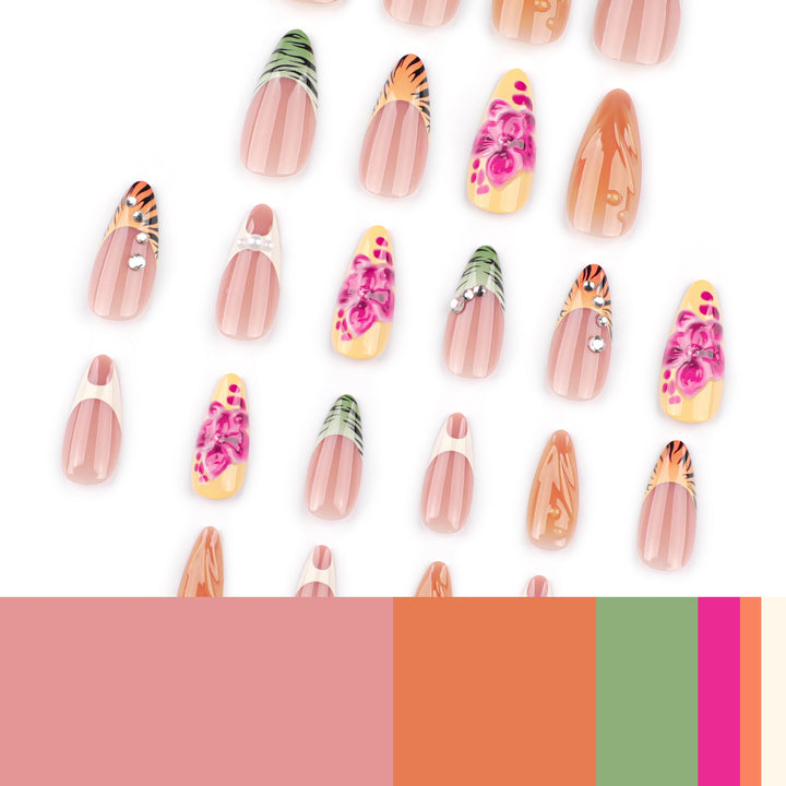 Artistic stiletto nails with colorful flower design and glitter Stornfield