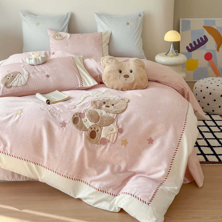 Kids' Teddy Appliqué Cotton Sateen Duvet Cover Set with Decorative Pillowcases