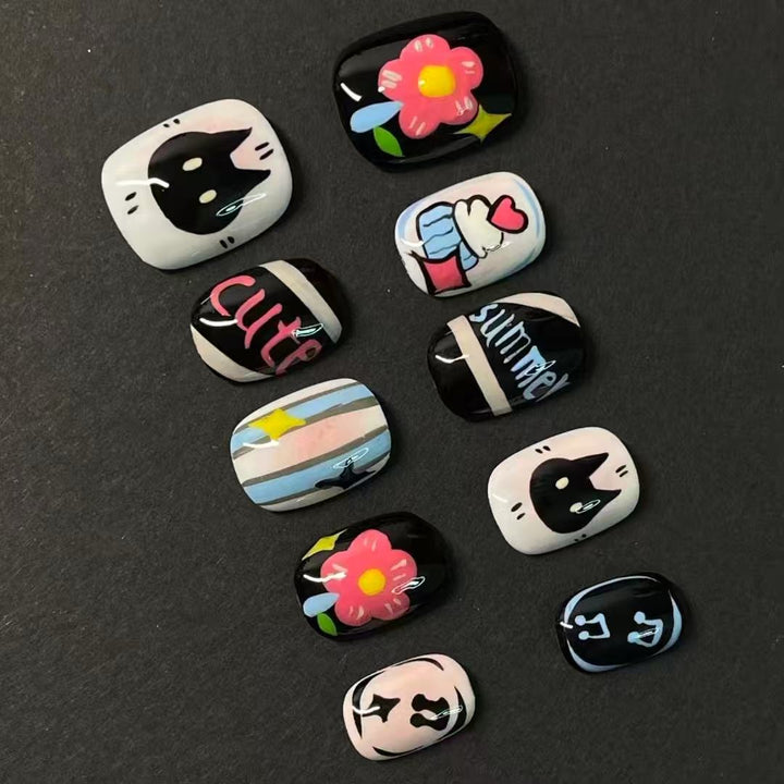 Artistic Cat-Themed Press-On Nail Art Set Stornfield