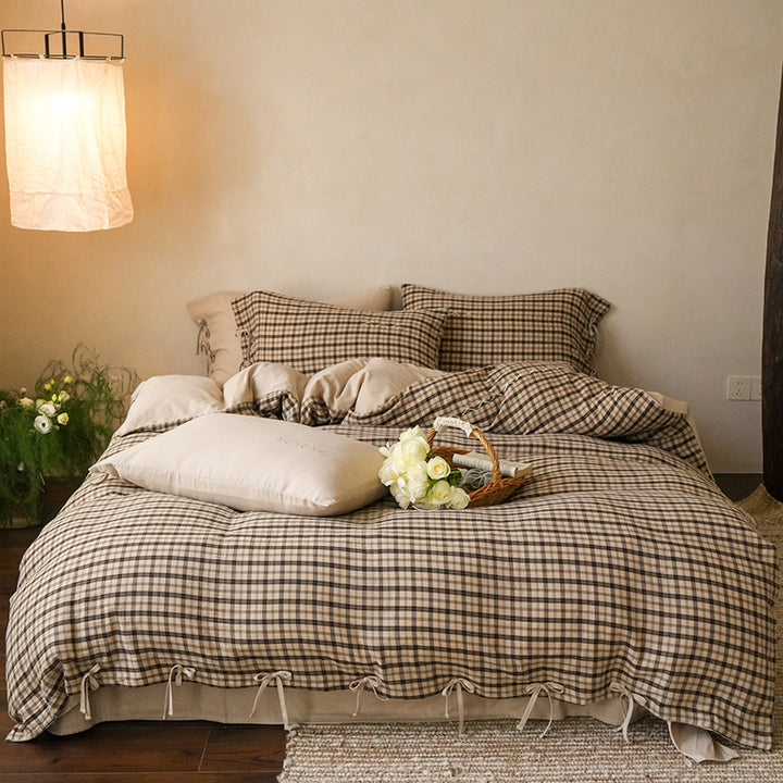 Plaid Cotton-Linen Duvet Cover Set with Tie-Closures and Pillow Shams