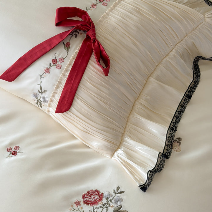 Exquisite cotton satin bedding set with floral embroidery, pleated ruffle and decorative bows
