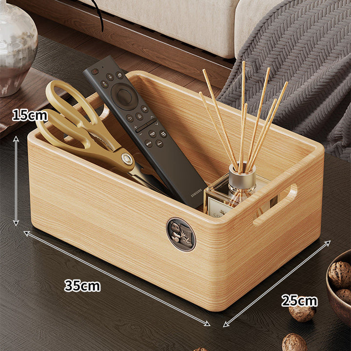 Wooden Rectangular Desktop Storage Organizer Box with Built-In Side Handles