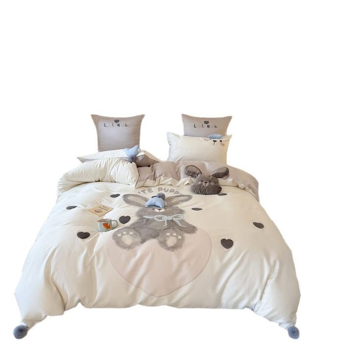 Plush Bunny Duvet Cover Set with Decorative Pillowcases and Pom-Pom Corners