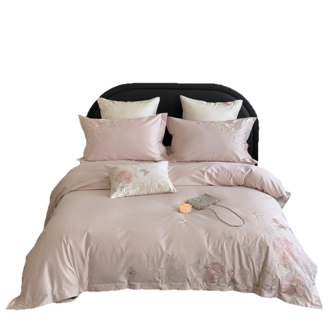 Embroidered Botanical Satin Duvet Cover Set with Decorative Pillow Shams and Hidden Closure
