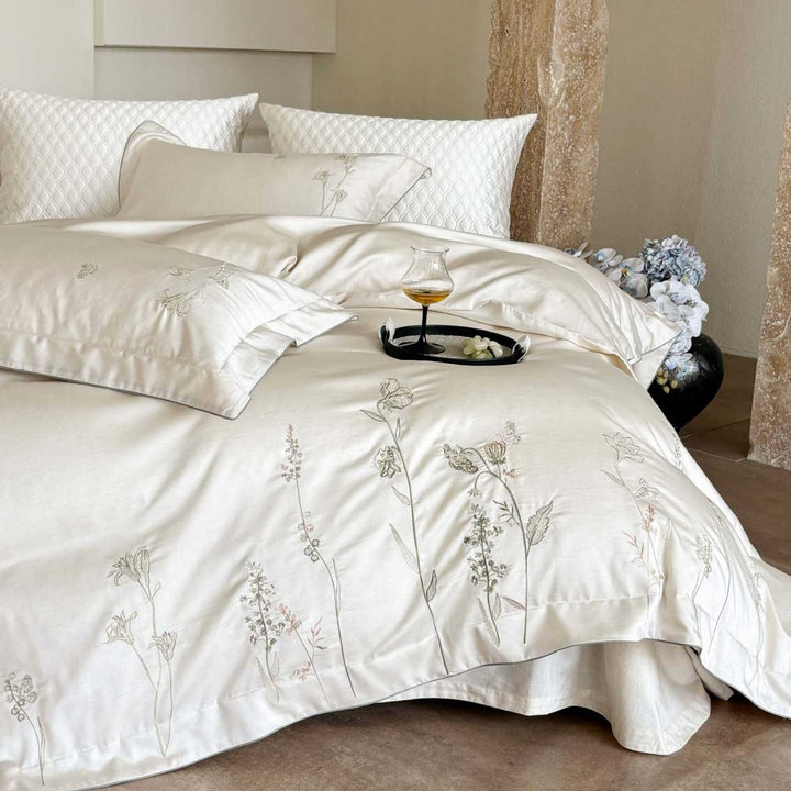 Reversible Botanical Line-Drawn Embroidered Cotton Sateen Duvet Cover Set with Hidden Closure