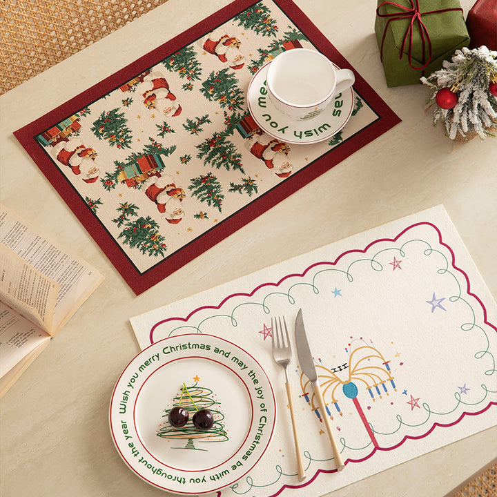 Rectangular table set made of cotton blend with hand-drawn carnival motif and wavy decorative border Stornfield