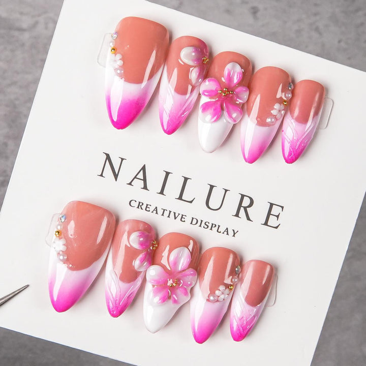 Floral Design Press-On Nail Set with Gem Accents