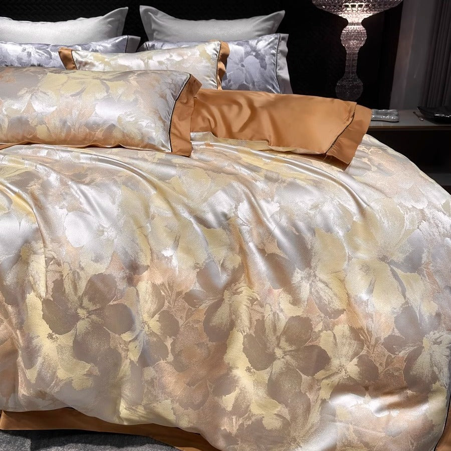 Decorative Brushstroke Satin Duvet Cover Ensemble with Hidden-Zip Closure