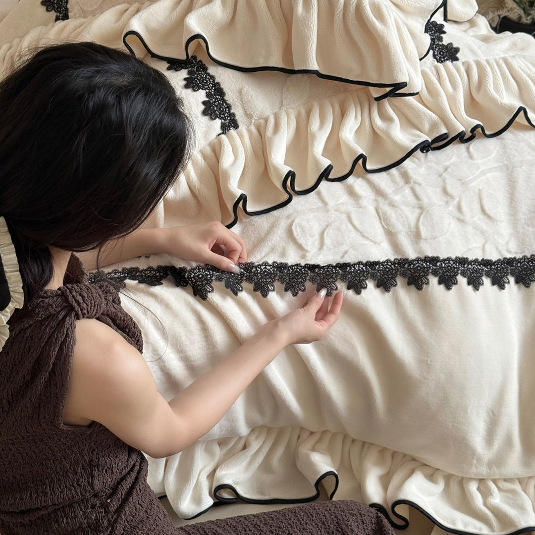 Ruffled Quilted Duvet Cover Set with Lace Trim and Scalloped Edge