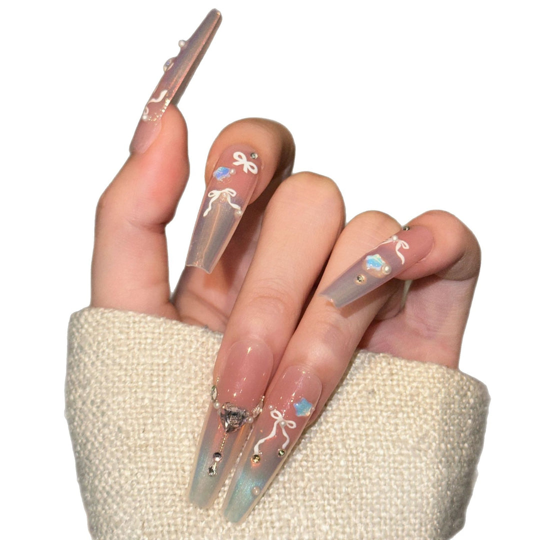 Elegant Press-On Nail Art Set with Chic Ribbon and Gem Accents Stornfield