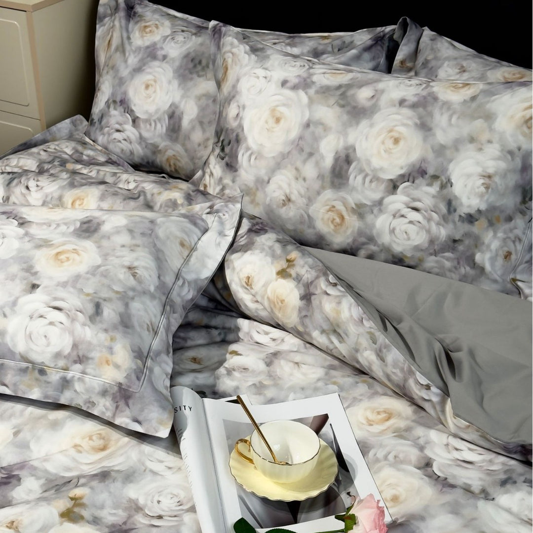 Satin bedding set with delicate floral and butterfly print and reversible function