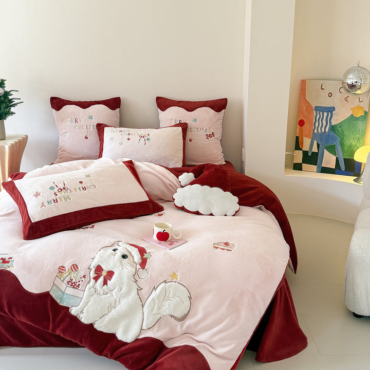 Embroidered Festive Plush Duvet Cover Bedding Set with Scalloped Hem & Decorative Pillow Shams