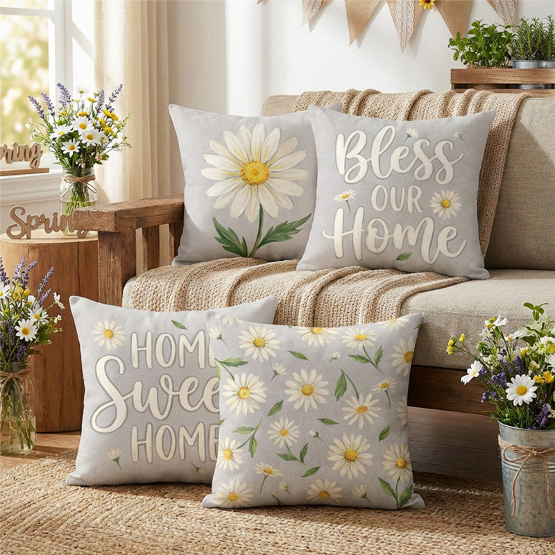 Botanical Linen-Texture Decorative Daisy Throw Pillow Cover