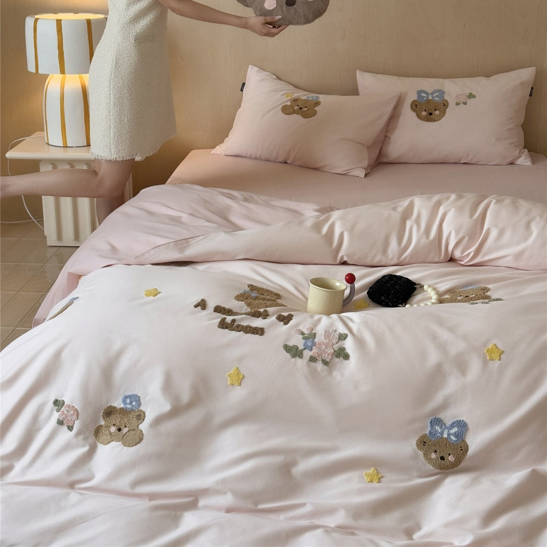Embroidered Chenille Cartoon Duvet Cover Set with Plush Accent Pillow