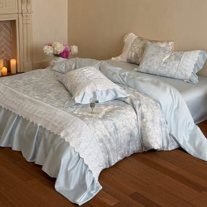 Romantic Ruffled Satin-Blend Duvet Cover Set with Lace Trim & Decorative Bed Skirt