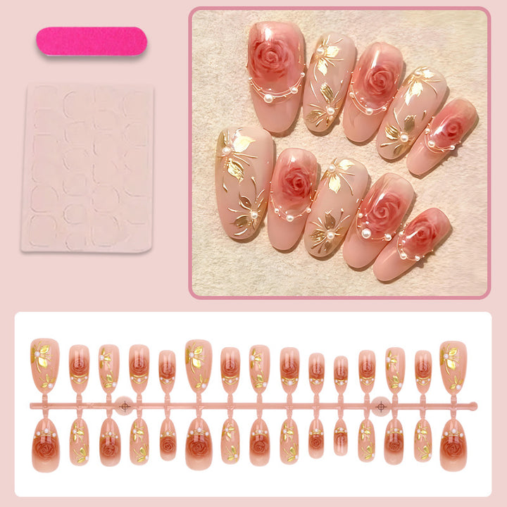 Artificial nail set with romantic rose designs and golden embellishments Stornfield