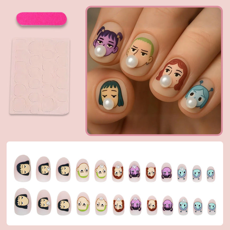 Artifical nail set with creative character designs and elegant pearl accents Stornfield